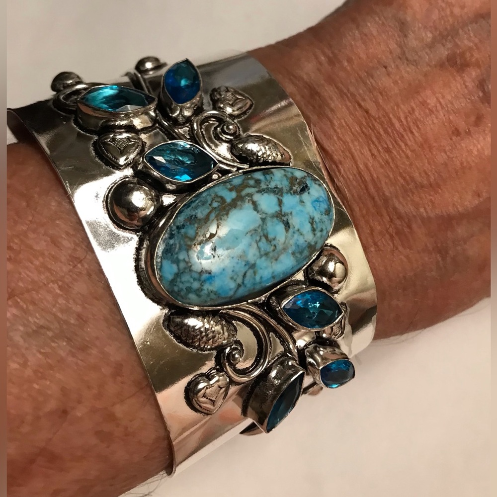 Turquoise Blue Topaz Stamped Solid 925 Sterling Silver Cuff Bracelet